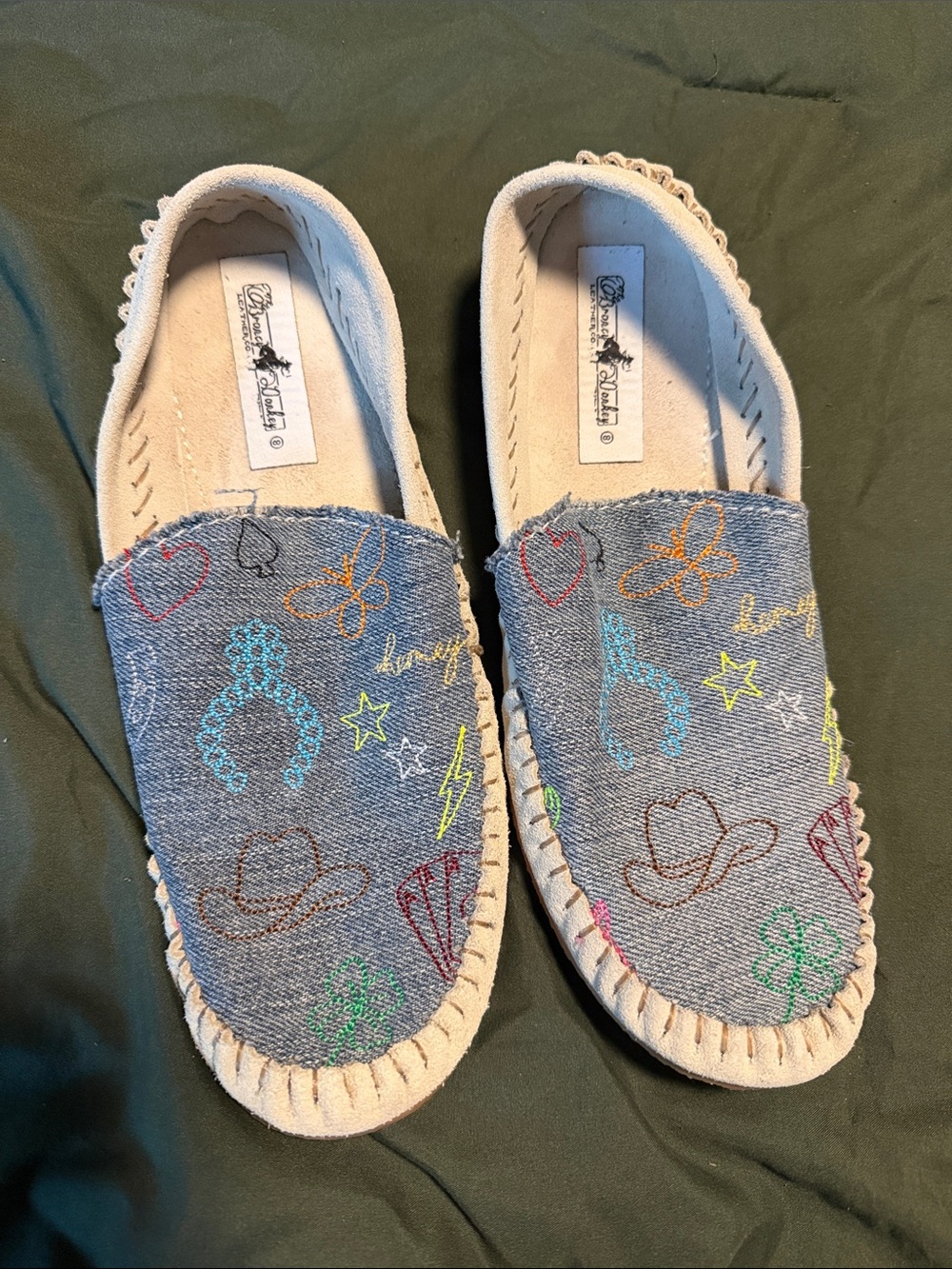 Denim Embroidered Women's Moccasins - Blue Denim